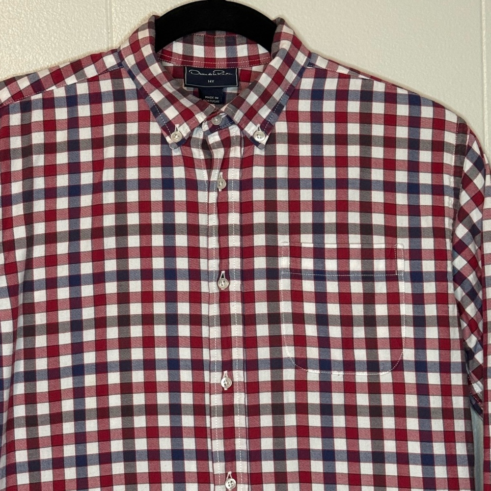 Oscar de la Renta Red and Blue Plaid boys button up.  Size 14.  EUC